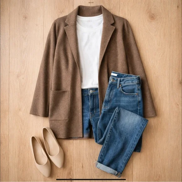 Quince Organic Cottin Knit Blazer Cardigan XS Brown Minimalist Capsule Wardrobe - Picture 2 of 16